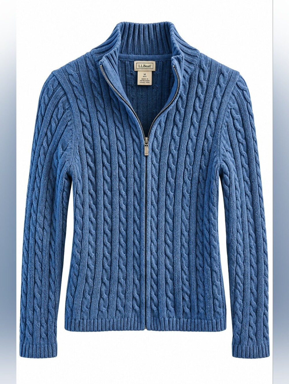 Vintage L.L.Bean Blue 100% Cotton Cable Knit Zip Sweater M, Coastal, Fisherman